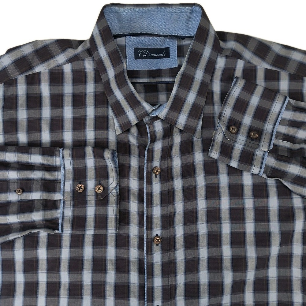 7 Diamonds Mens XXL Brown Blue Plaid Long Sleeve Button Up Shirt Contrast Trim